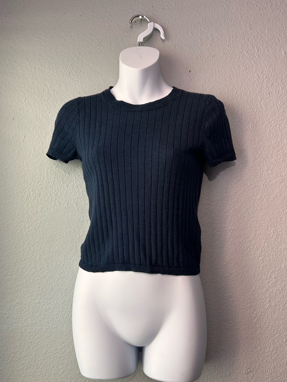 J.Crew Silk Cashmere Ribbed Short Sleeve Knit Cropped Top Navy Blue Womens Small